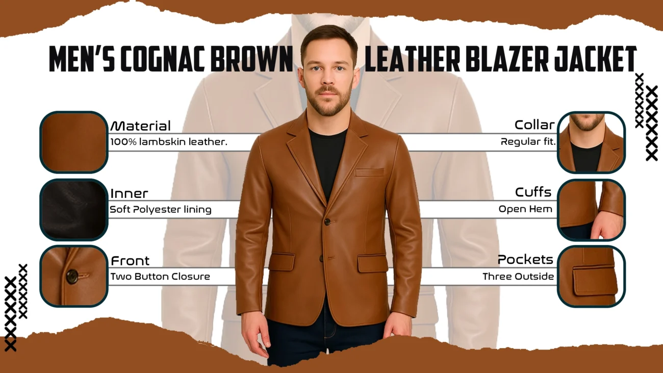 Men's Cognac Brown Leather Blazer Jacket