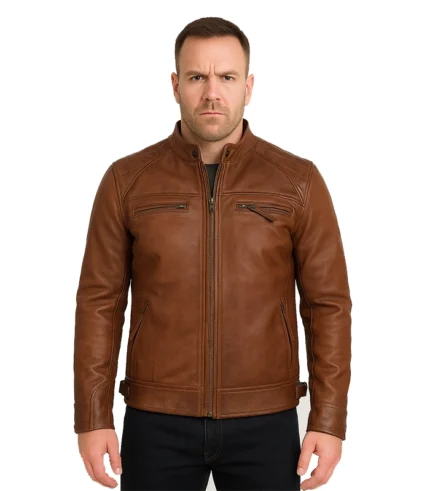 Men’s Cognac Brown Quilted Leather Motorcycle Jacket