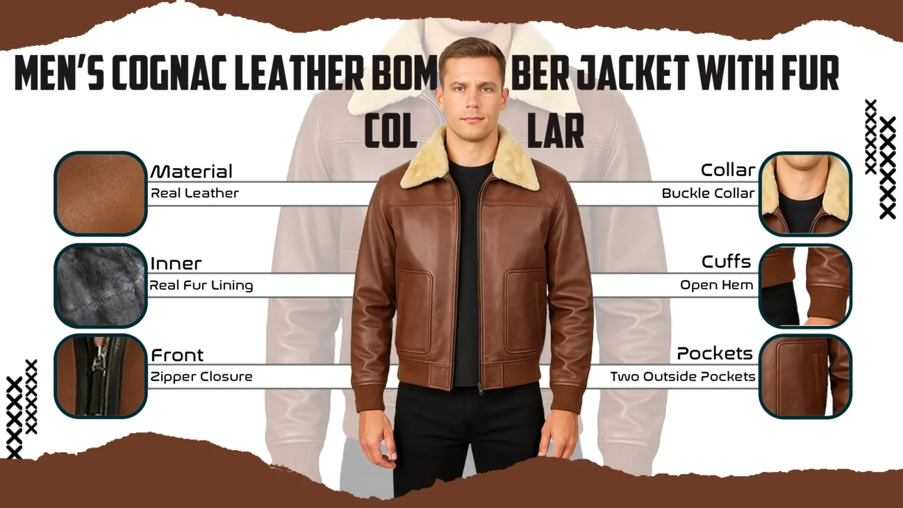 Mens Cognac Leather Bomber Jacket with Fur Collar