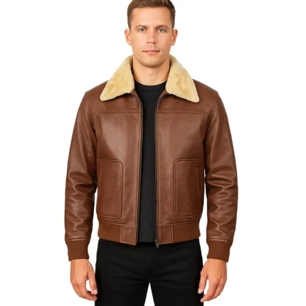 Mens Cognac Leather Bomber Jacket with Fur Collar