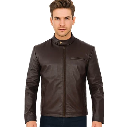 Men’s Dark Brown Cowhide Leather Cafe Racer Jacket