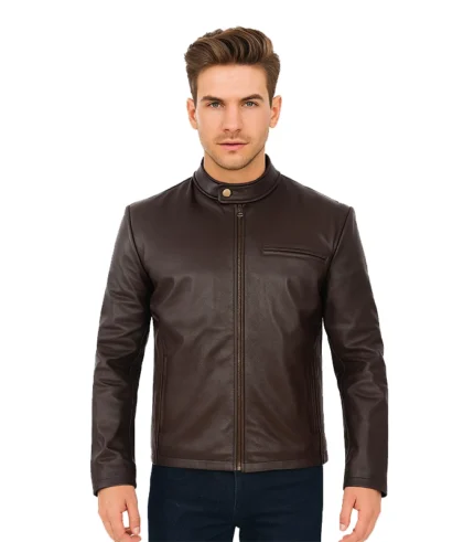 Men’s Dark Brown Cowhide Leather Cafe Racer Jacket