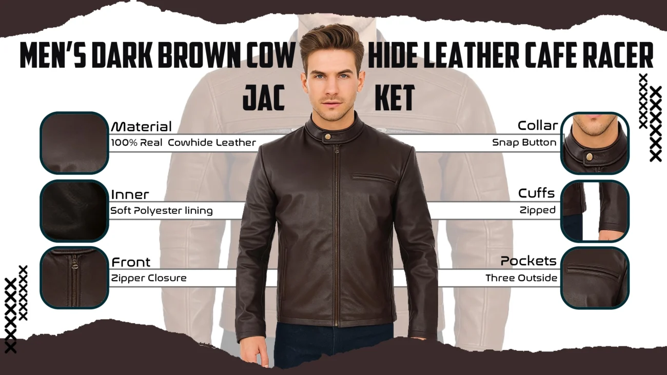 Men's Dark Brown Cowhide Leather Cafe Racer Jacket
