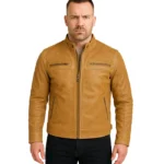 Men’s Distressed Camel Brown Cafe Racer Leather Jacket