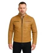 Men’s Distressed Camel Brown Cafe Racer Leather Jacket
