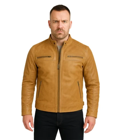 Men’s Distressed Camel Brown Cafe Racer Leather Jacket