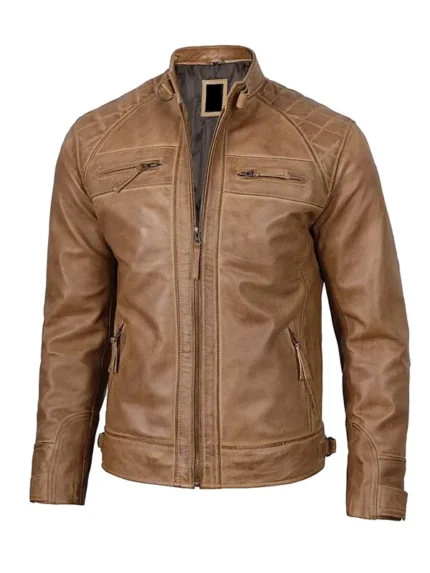 Mens-Distressed-Camel-Brown-Cafe-Racer-Leather front