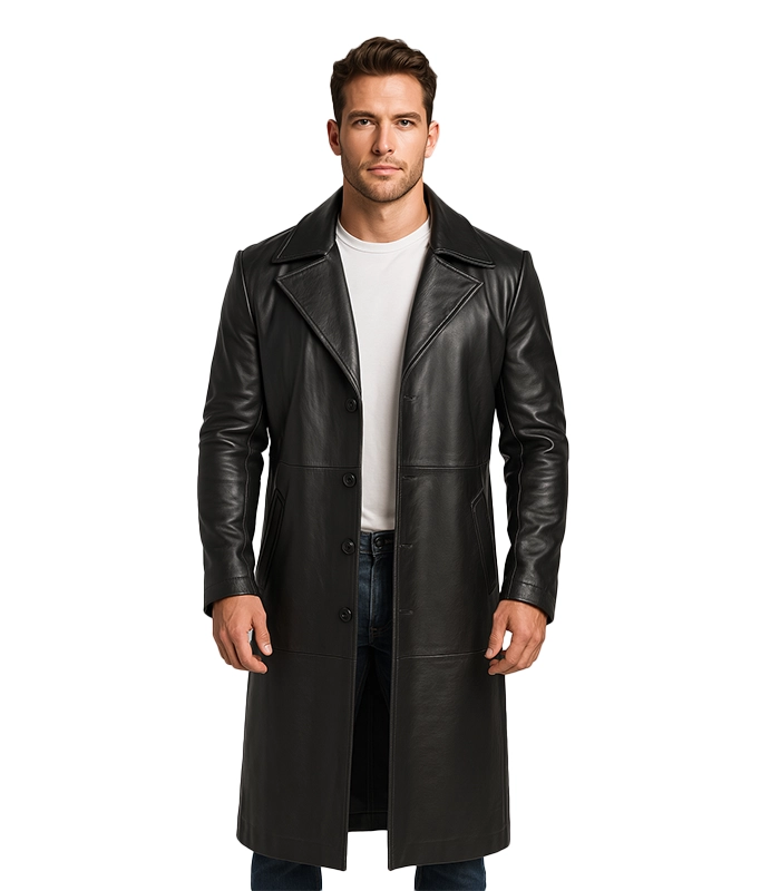Men’s Full-Length Black Leather Coat – Duster Coat Men’s Full-Length Black Leather Coat – Duster Coat