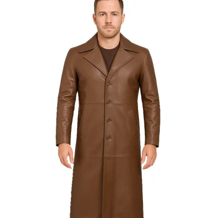 Men's Full Length Brown Leather Coat - Duster Coat