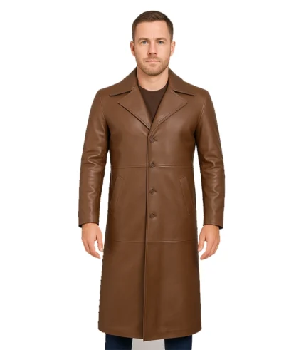 Men's Full Length Brown Leather Coat - Duster Coat