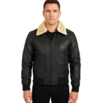 Men's Fur Collar Black Bomber Leather Jacket
