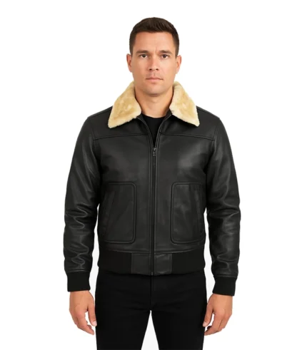 Men's Fur Collar Black Bomber Leather Jacket