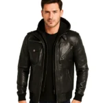 Men’s Grey Leather Bomber Jacket with Removable Hood