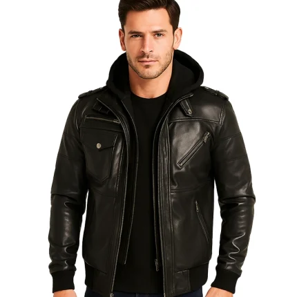 Men’s Grey Leather Bomber Jacket with Removable Hood