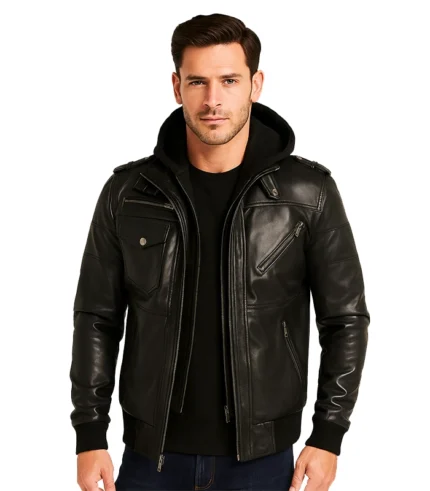 Men’s Grey Leather Bomber Jacket with Removable Hood