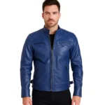 Men's Leather Blue Wax Cafe Racer Biker Jacket