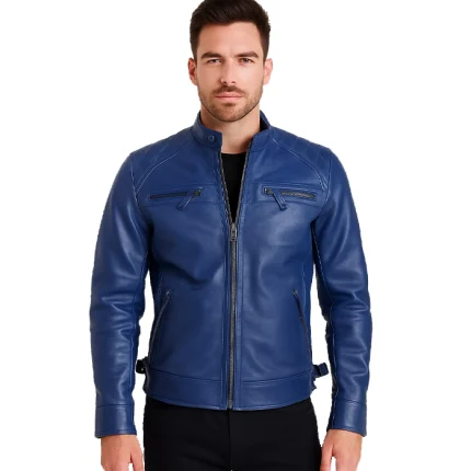 Men's Leather Blue Wax Cafe Racer Biker Jacket