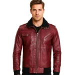 Men’s Maroon Bomber Leather Jacket With Hood