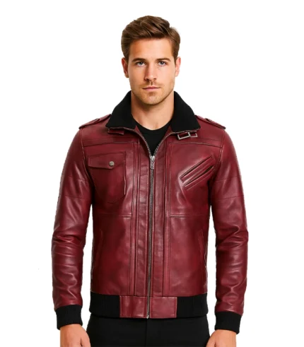 Men’s Maroon Bomber Leather Jacket With Hood