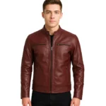 Men’s Maroon Leather Cafe Racer Motorcycle Jacket