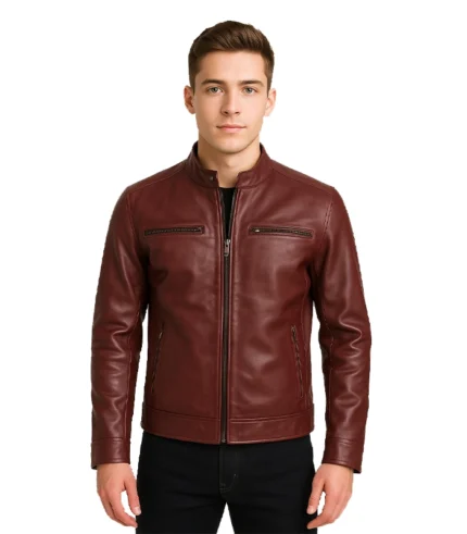 Men’s Maroon Leather Cafe Racer Motorcycle Jacket