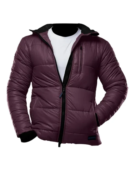 Mens-Maroon-Puffer-Jacket-with-Hood-Down-Insulation Front