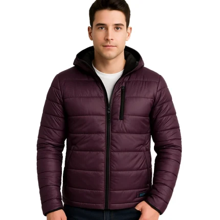 Men’s Maroon Puffer Jacket with Hood – Down Insulation