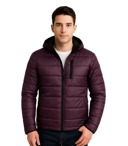 Men’s Maroon Puffer Jacket with Hood – Down Insulation