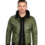 Men’s Military Green Leather Jacket with Removable Hood
