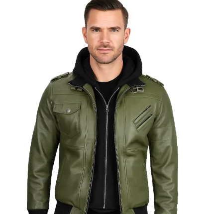 Men’s Military Green Leather Jacket with Removable Hood