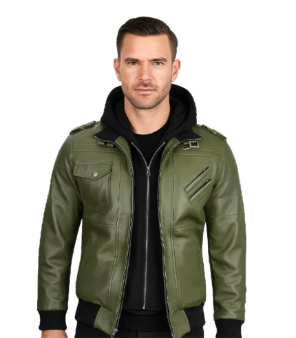 Men’s Military Green Leather Jacket with Removable Hood