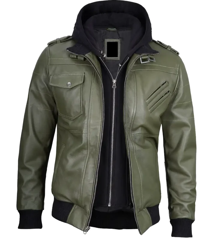 Mens-Military-Green-Leather-Jacket-with-Removable-Hood-f