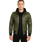 Men's Olive Green Bomber Leather Jacket With Hood