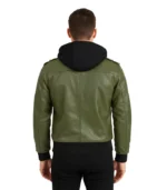 Men's Olive Green Bomber Leather Jacket With Hood