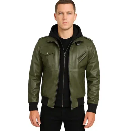 Men's Olive Green Bomber Leather Jacket With Hood