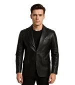 A product video featuring a men's black leather blazer made of real lambskin, showcasing its two-button front, notched lapels, and tailored fit.