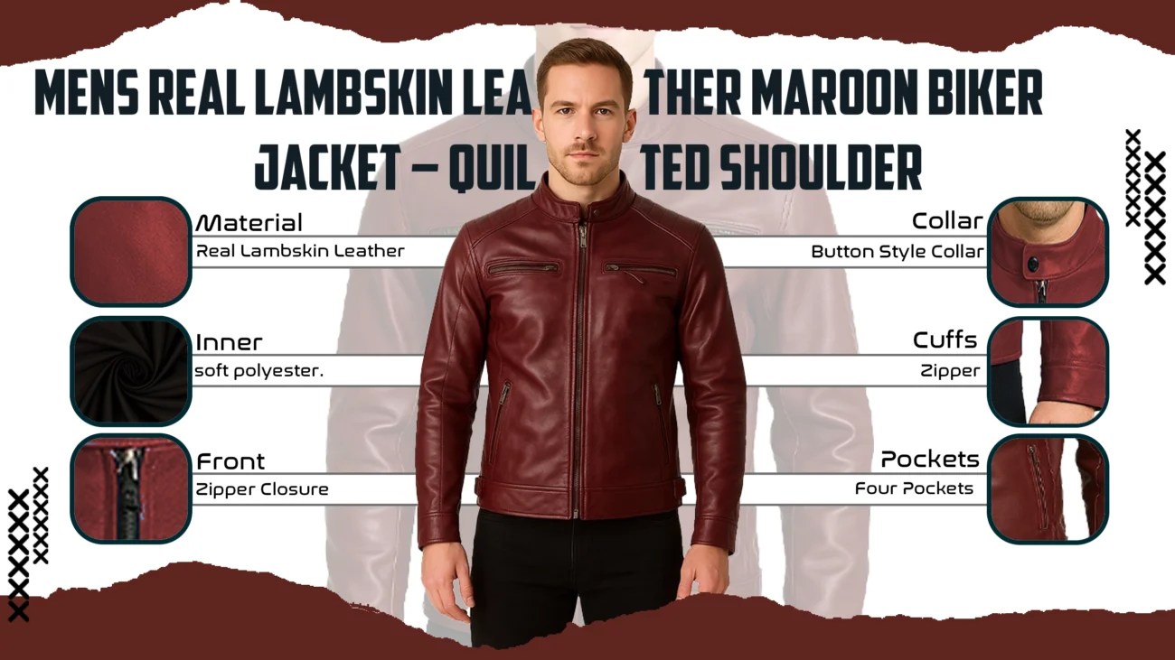Mens Real Lambskin Leather Maroon Biker Jacket