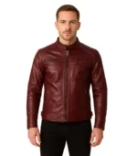 Mens Real Lambskin Leather Maroon Biker Jacket – Quilted Shoulder