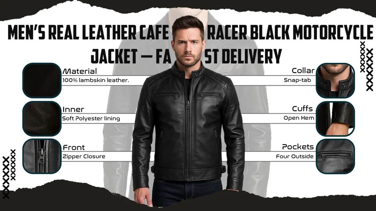 Men's Real Leather Cafe Racer Black Motorcycle Jacket