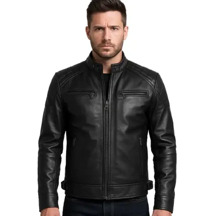 Men’s Real Leather Cafe Racer Black Motorcycle Jacket — Fast Delivery