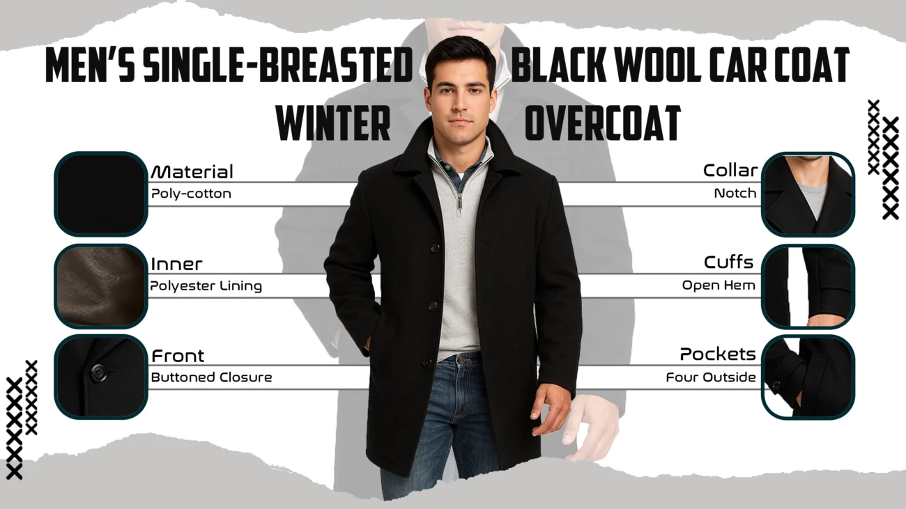 Men’s Single-Breasted Black Wool Car Coat