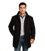 Men’s Single-Breasted Black Wool Car Coat – Winter Overcoat