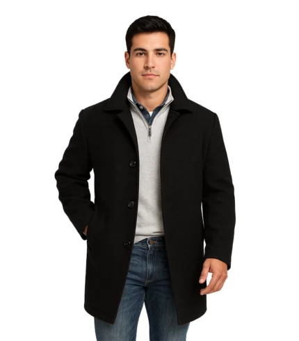 Men’s Single-Breasted Black Wool Car Coat – Winter Overcoat