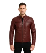 Men's Slim Fit Maroon Cafe Racer Leather Jacket