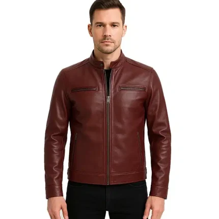 Men's Slim Fit Maroon Cafe Racer Leather Jacket