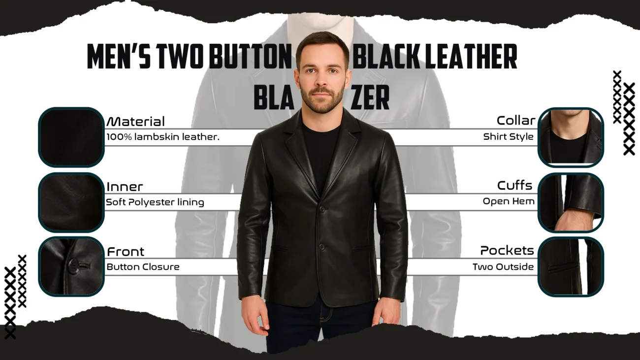 Men’s Two Button Black Leather Blazer