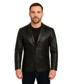 Men’s Two Button Black Leather Blazer