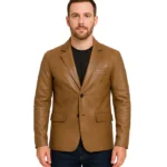 Mens Two Button Camel Brown Leather Blazer