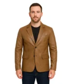 Mens Two Button Camel Brown Leather Blazer