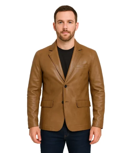 Mens Two Button Camel Brown Leather Blazer